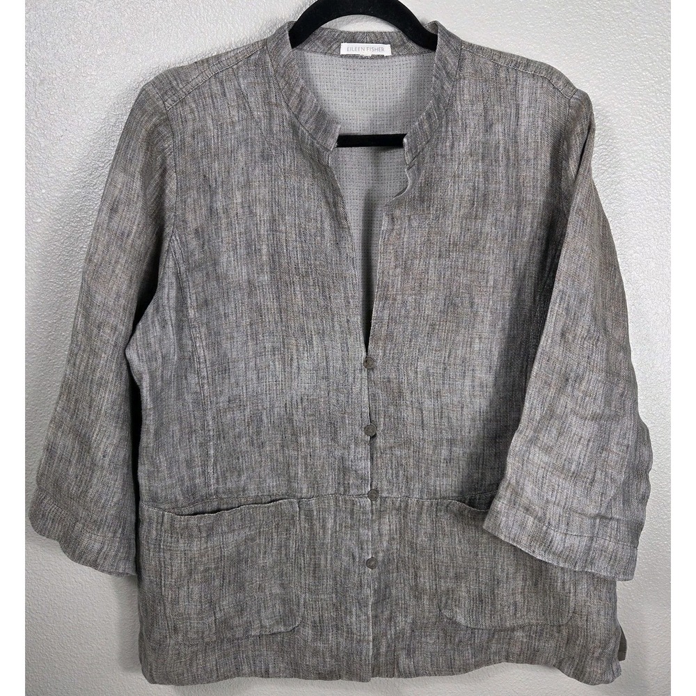 Eileen Fisher 100% Linen Jacket Gray Taupe Button Front Pockets Open Neck Tag Mi